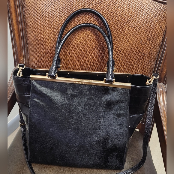 Michael Kors Lana Haircalf & Croc Embossed Black Leather Tote Bag EUC - Picture 1 of 13